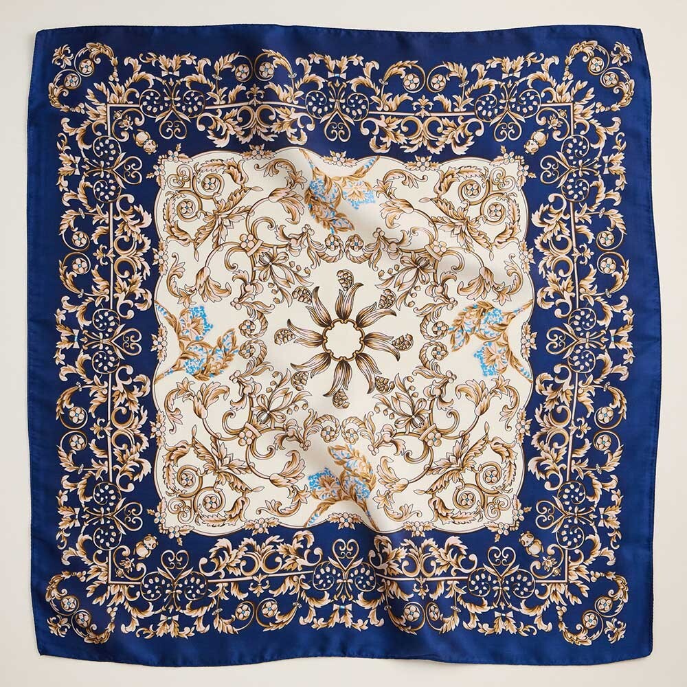 Baroque Scroll Print Square Silky Satin Scarf for Women Head Neck Wrap Blue 25"