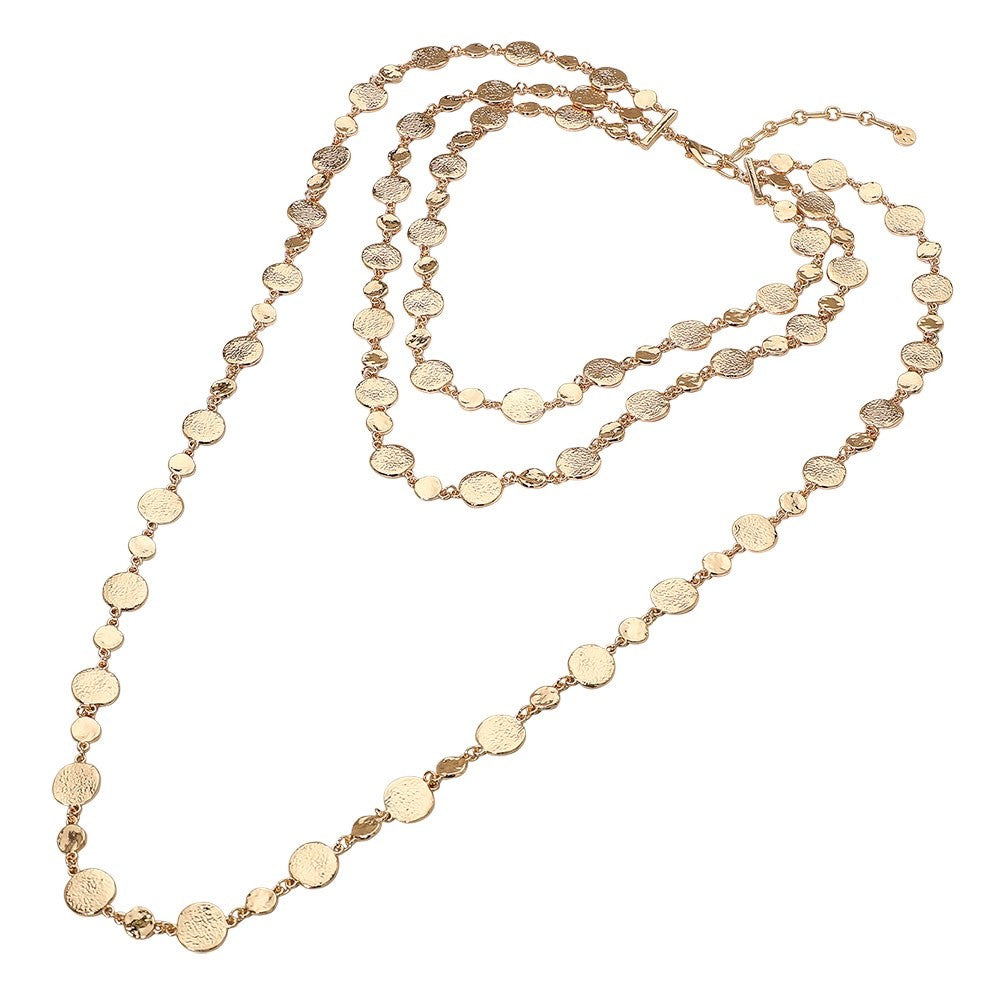 Gold Triple Layered Hammered Disc Long Chain Statement Necklace Boho Jewelry