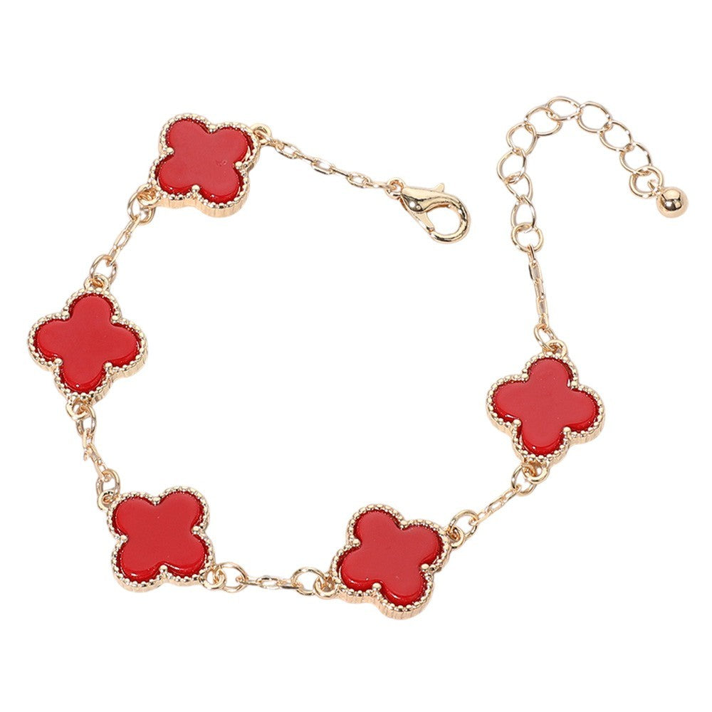 Gold Tone Quatrefoil Link Bracelet with Red Accent Stones Fashion Jewelry Gift