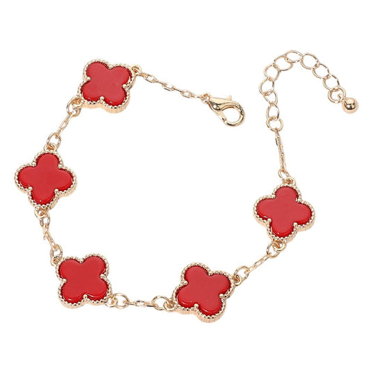 Gold Tone Quatrefoil Link Bracelet with Red Accent Stones Fashion Jewelry Gift