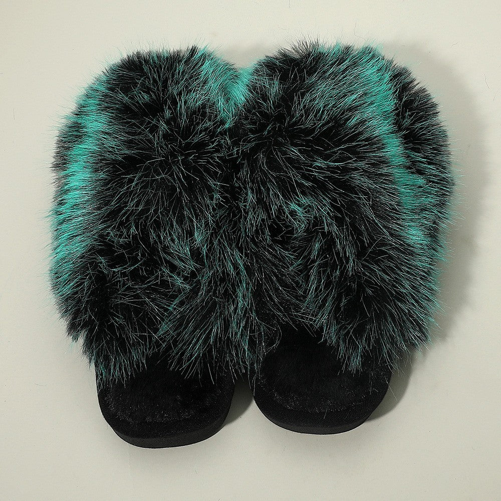 Fluffy Faux Fox Fur Indoor Slippers Green Black Cozy Plush House Shoes for Women