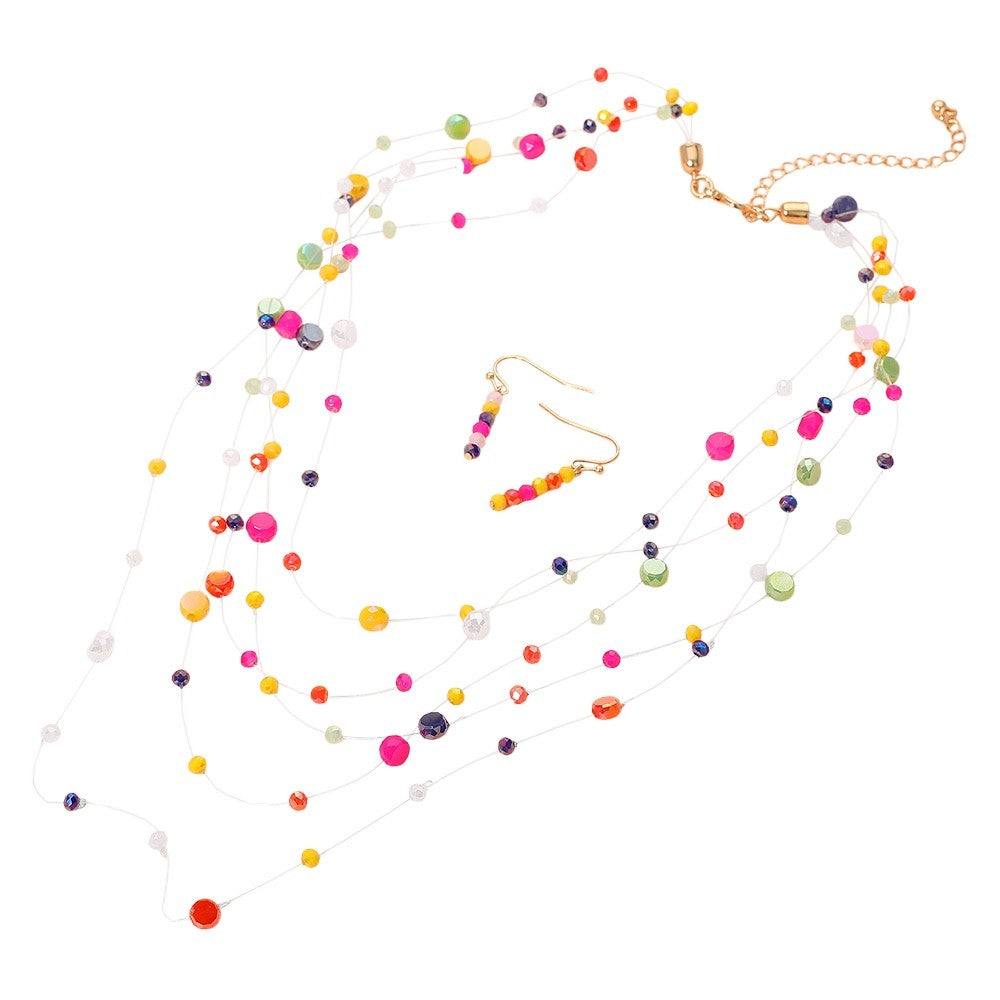 Colorful Multi Strand Seed Bead Illusion Necklace and Earring Set