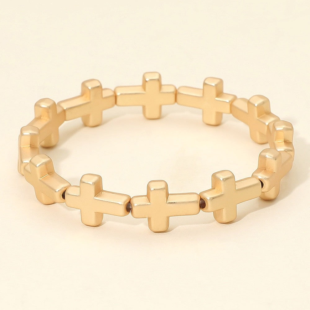 Gold Horizontal Cross Religious Faith Statement Minimalist Stretch Bracelet