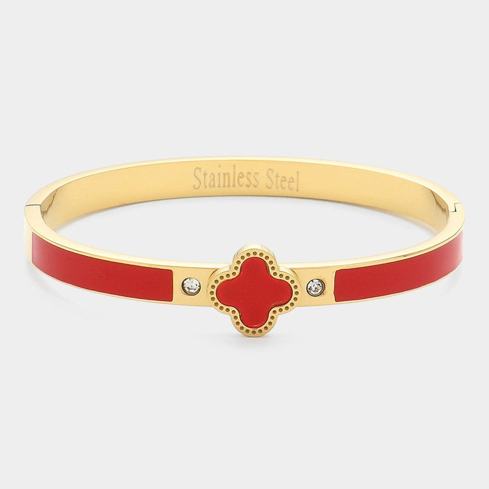 Gold and Red Quatrefoil Stainless Steel Hinged Bangle Bracelet for Women