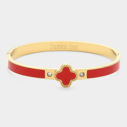 Gold and Red Quatrefoil Stainless Steel Hinged Bangle Bracelet for Women