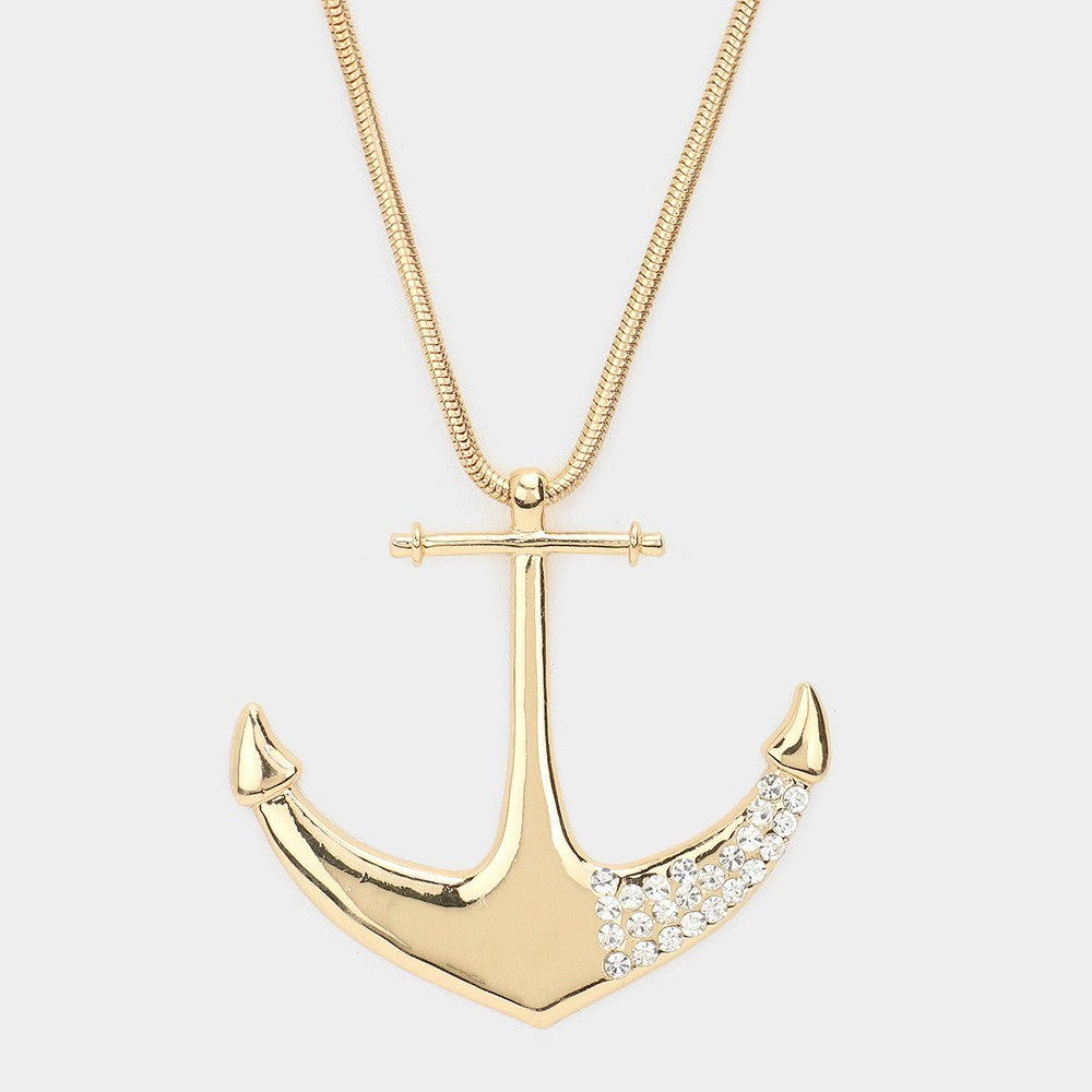 Anchor Pendant Long Necklace for Women Rhinestone Embellished Nautical Chain