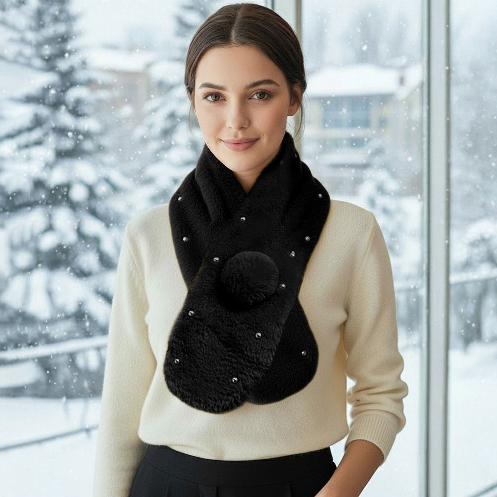 Pearl Embellished Faux Fur Pom Pom Pull-Through Collar Scarf for Women Black