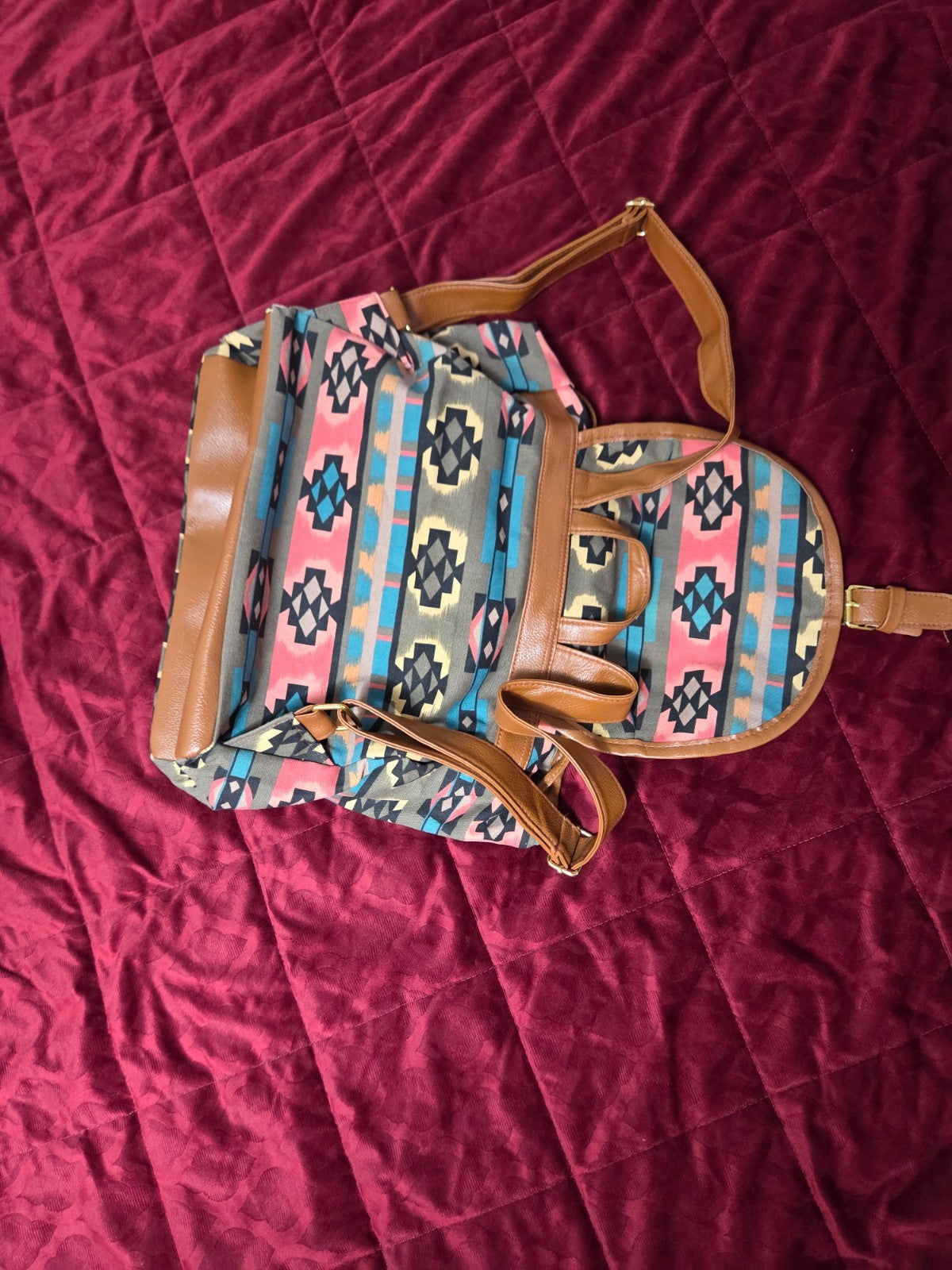 Boho Aztec Print Backpack for Women with Drawstring Top and Snap Front Closure