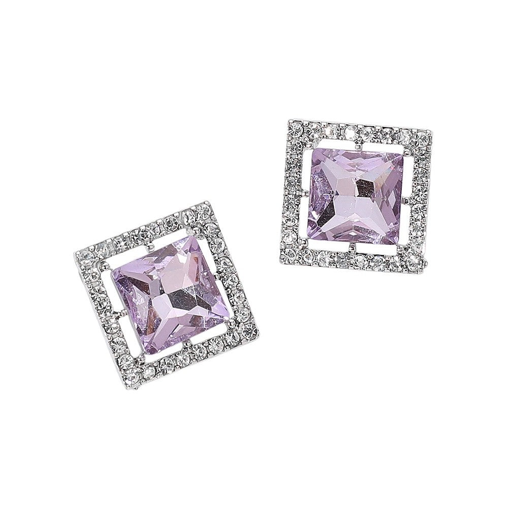 Elegant Silver Square Halo Stud Earrings with Lavender Purple Center Stone