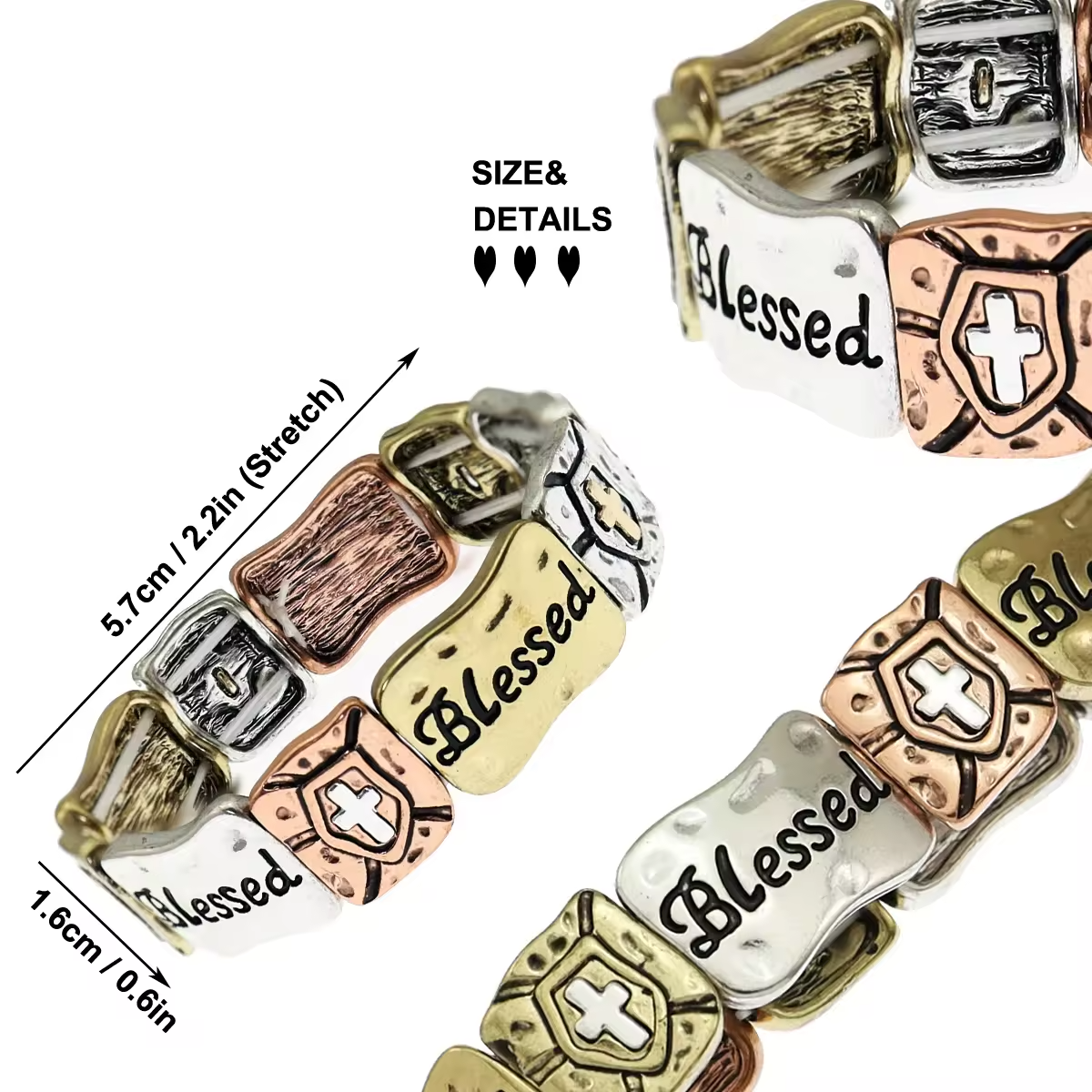 2PCs - Blessed Message Metal Stretch Bracelet - Inspirational Faith Jewelry Gift