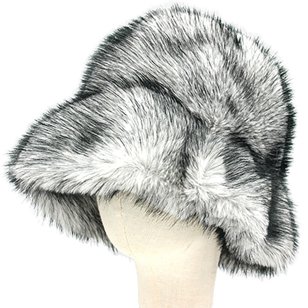 One Size Soft Plush Faux Fur Winter Bucket Hat for Women White Black Marbled