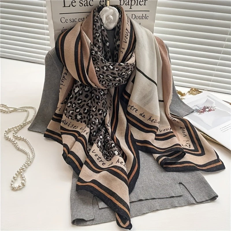 Beige Leopard Script Stripe Scarf Shawl Wrap Cotton Feel