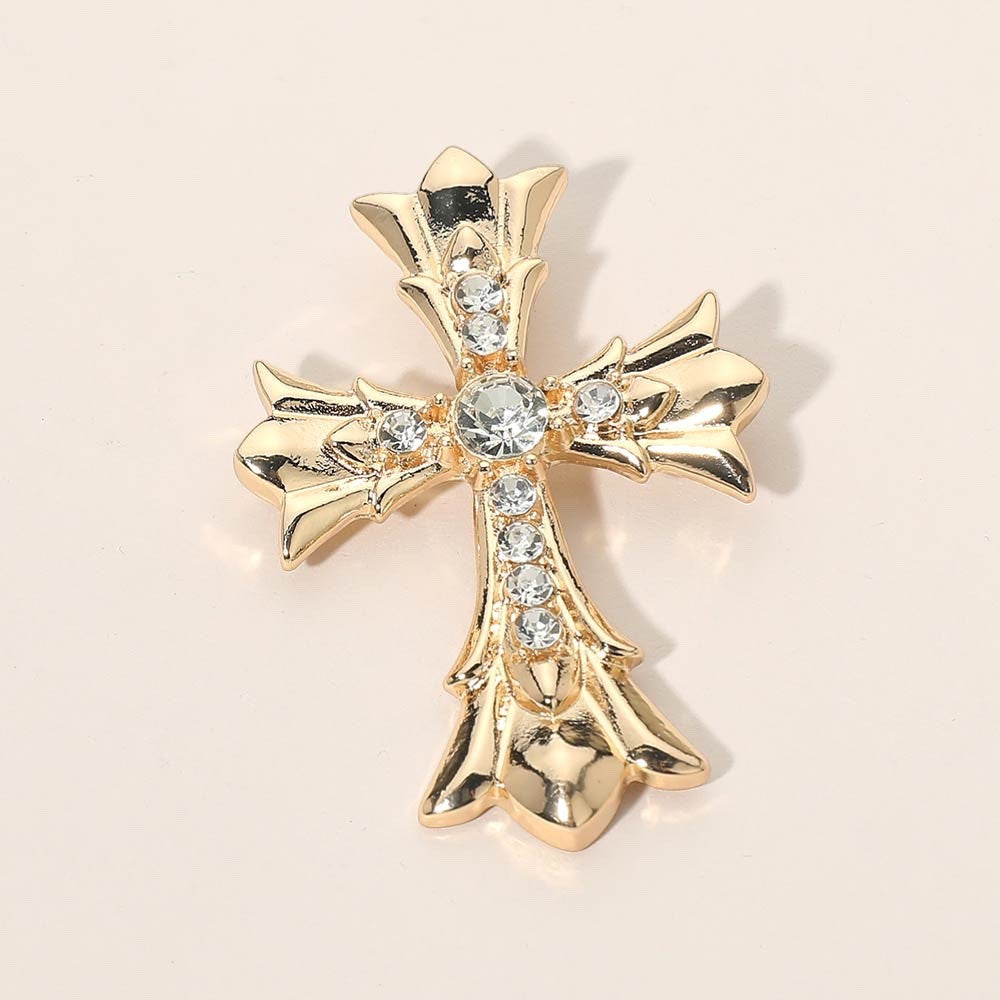 Gold Gothic Ornate Cross Brooch with Sparkling Crystal Rhinestone Accents