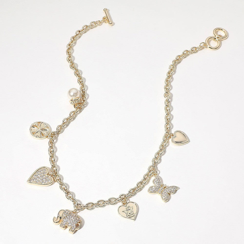 Gold Tone Multi Charm Crystal Butterfly Elephant Heart Clover Necklace for Women