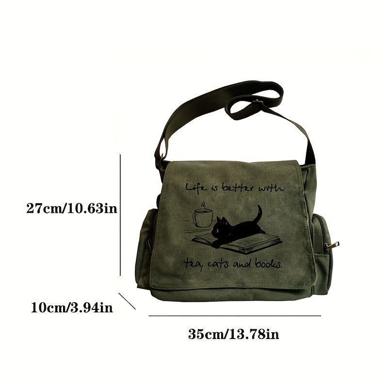 Green Canvas Messenger Bag Cat Tea Books Crossbody School Satchel Travel Tote