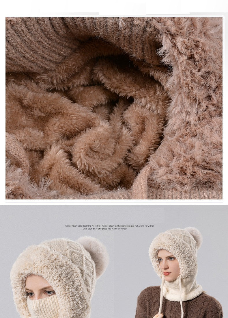 Plush Lined Knitted Pompom Balaclava Hooded Scarf Women's Winter Beanie Set Warm