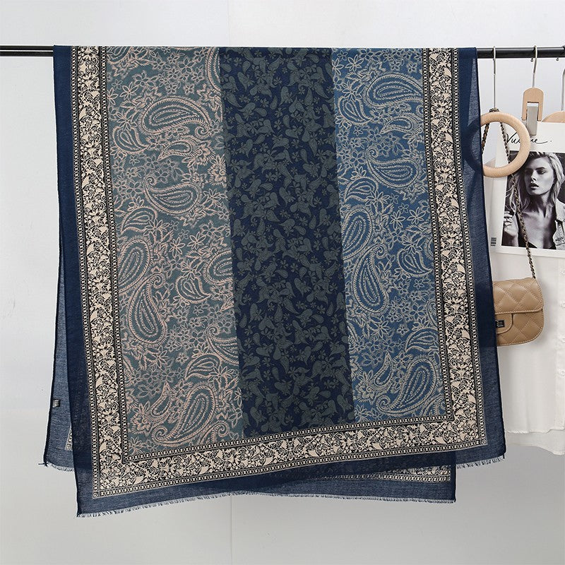 Luxury Blue Paisley Floral Scarf Shawl Wrap Winter Pashmina Style Fringed