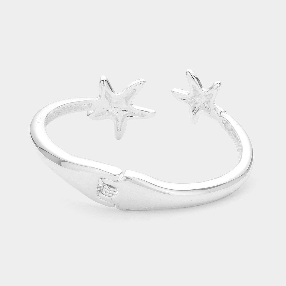 Blue Enamel Starfish Silver Tone Hinge Bangle Cuff Bracelet Beach Nautical