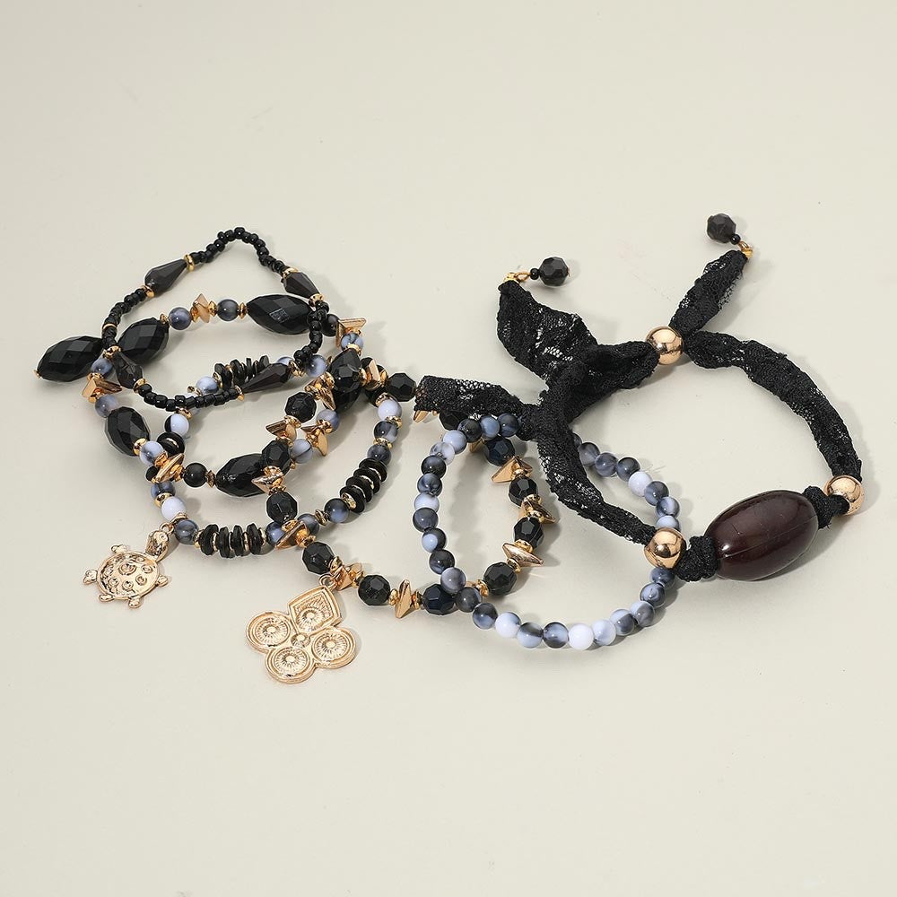 6pc Gold Lion Head Medallion Link Bracelet and Adjustable Statement Ring Set