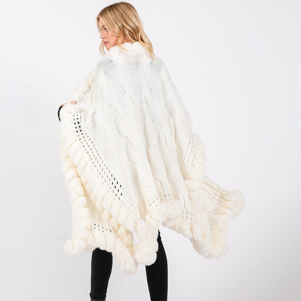 Luxurious White Cable Knit Shawl Cape Faux Fur Trim Open Front Long Poncho