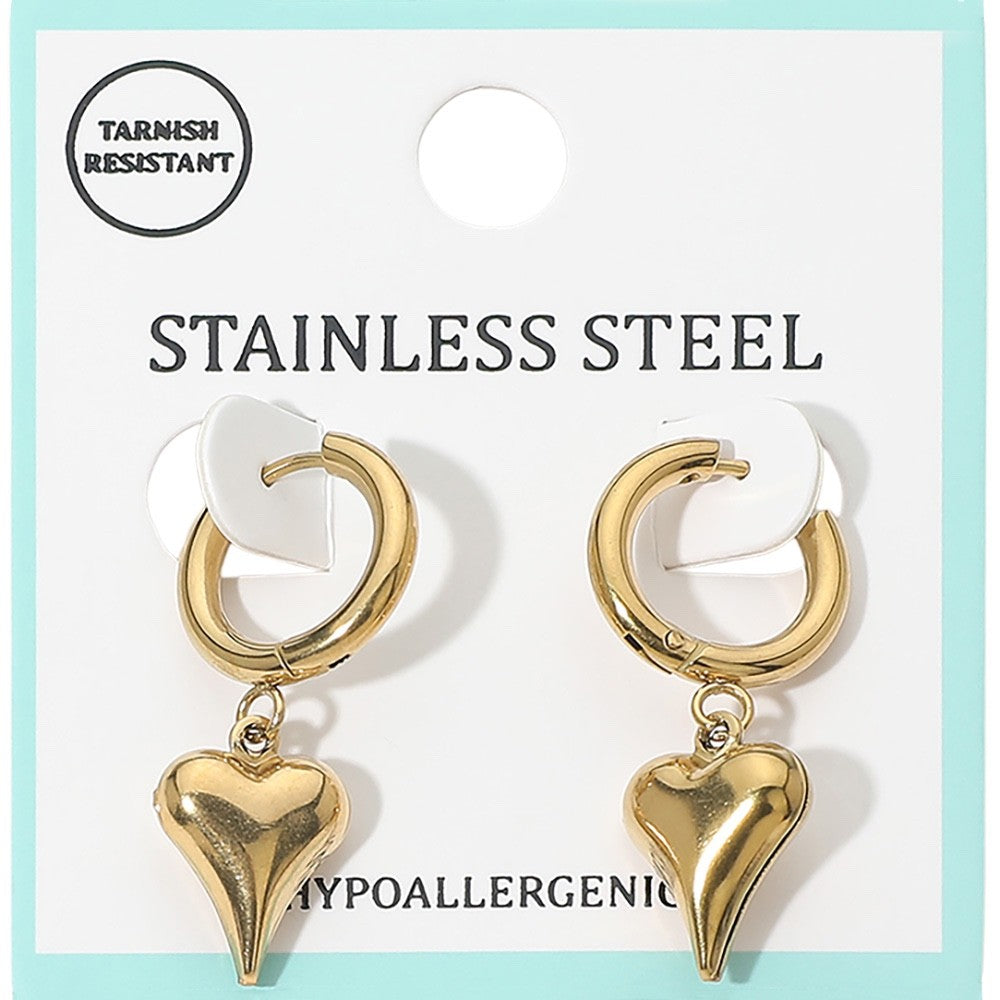 Gold Stainless Steel Puffy Heart Charm Hoop Earrings, Hypoallergenic, 1.25"