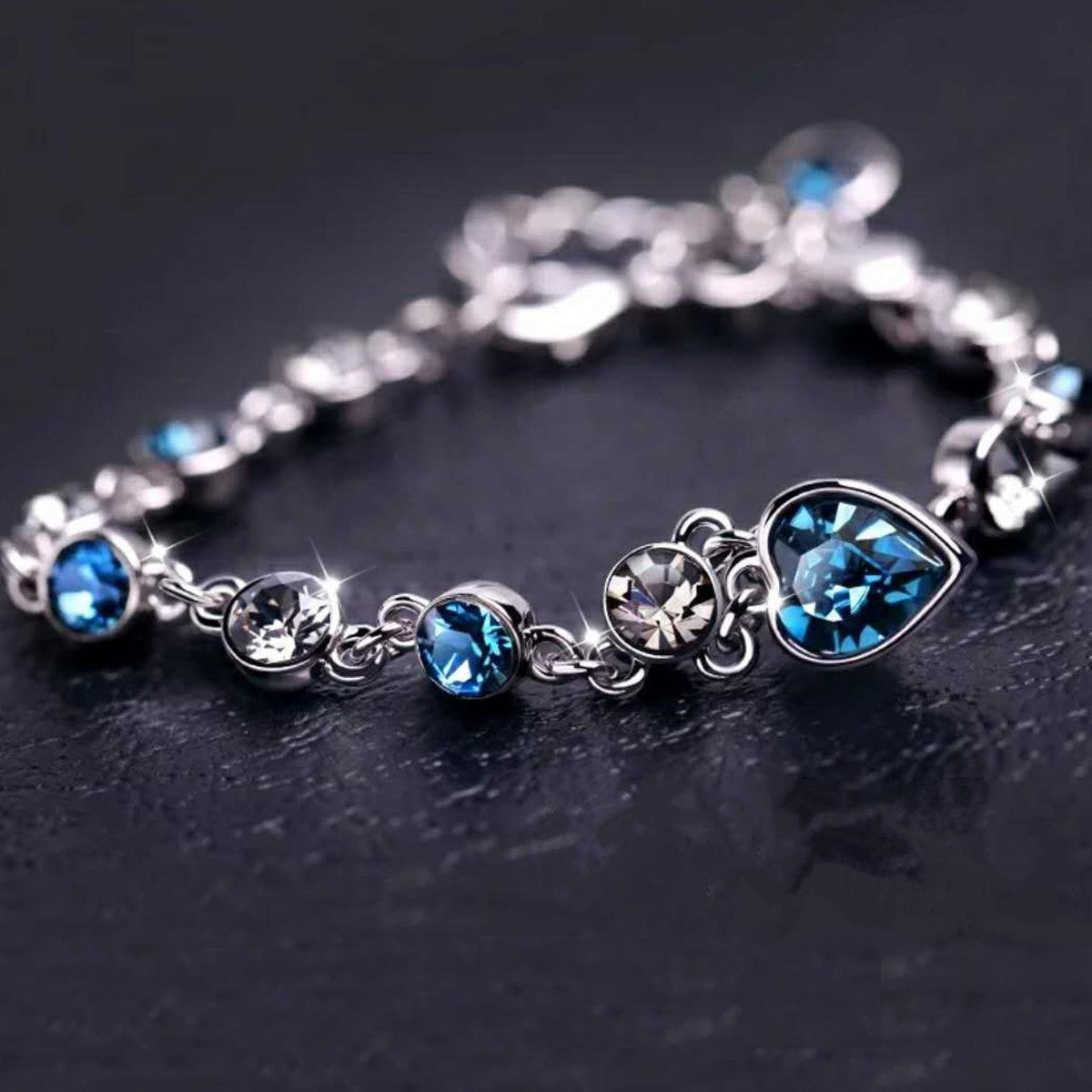 Fashion Bracelet For Women With Blue Heart Charm And Silver Tone Chain