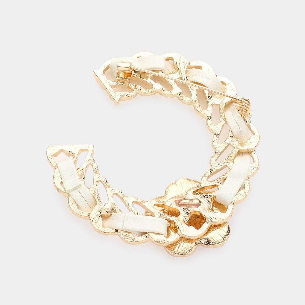 Gold White Enamel Flower Accented Rhinestone Statement Pin Brooch Jewelry Pin