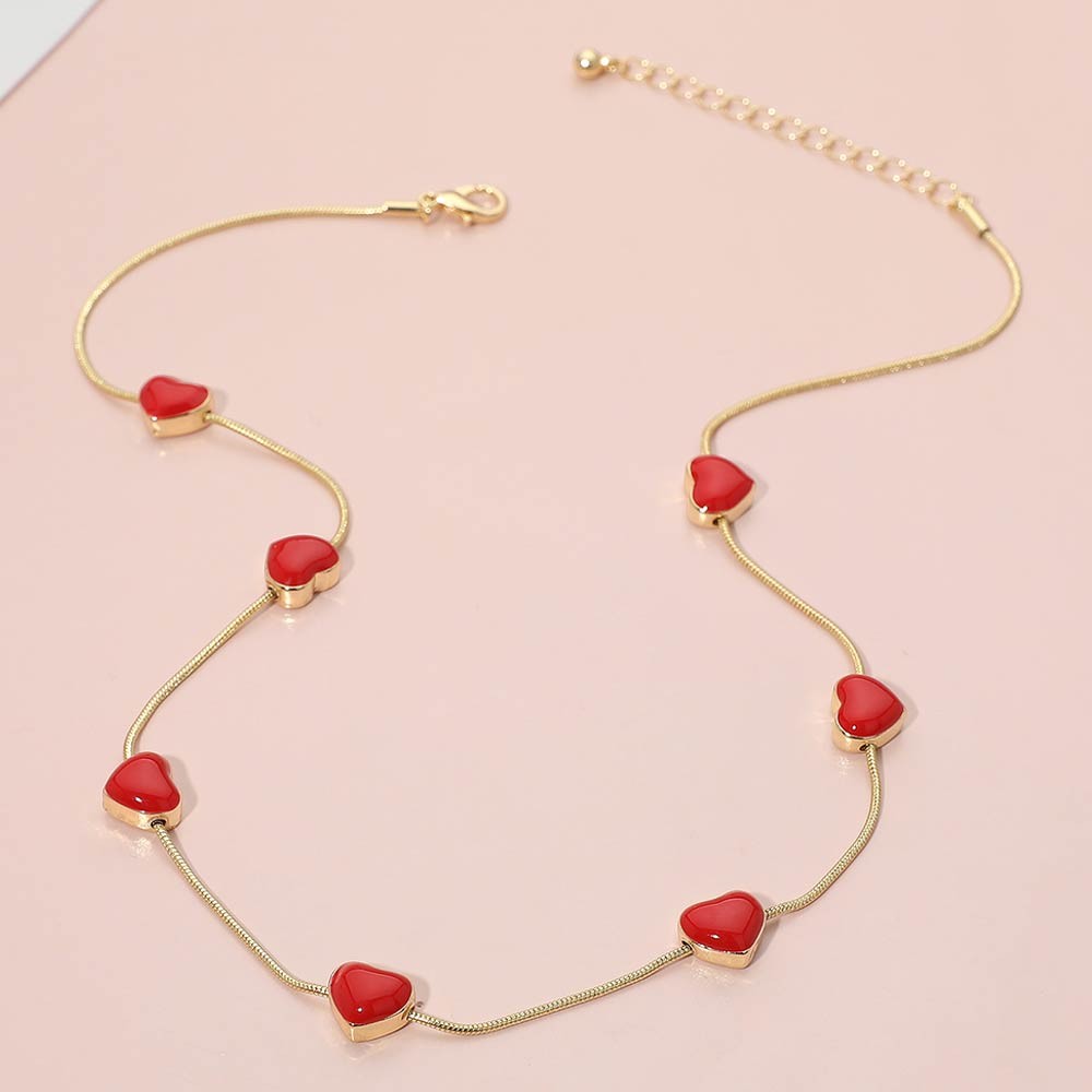 Gold Tone Sleek Chain Red Enameled Heart Charm Station Necklace w/ Lobster Clasp