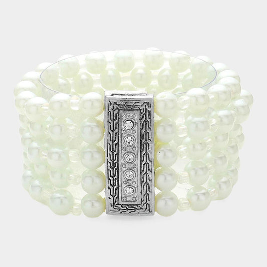 2pcs Multi-Strand Pearl Beaded Magnetic Bracelet Set Women’s Stretch Cuff White
