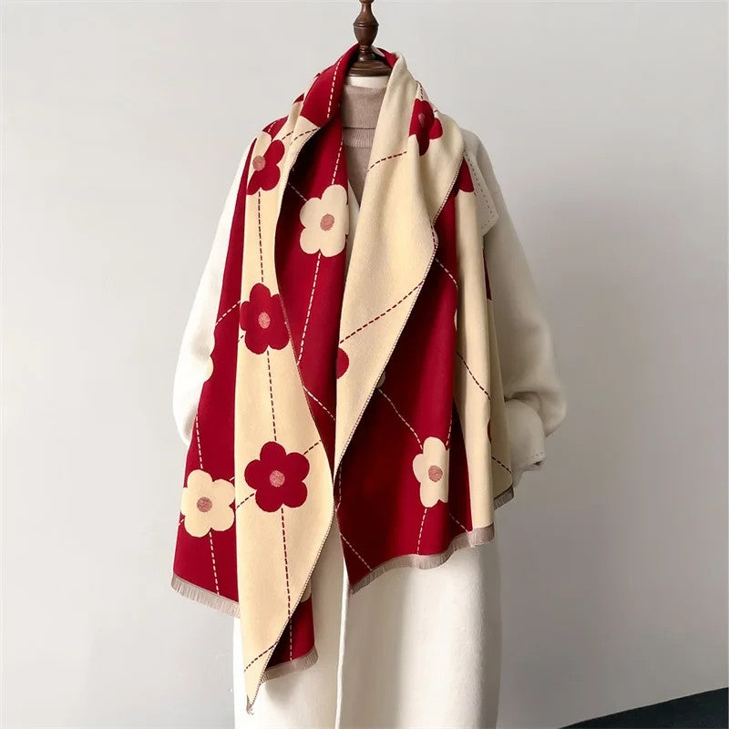 Cashmere Feel Scarf Red & Beige Floral Daisy Print Oversized Winter Wrap Shawl