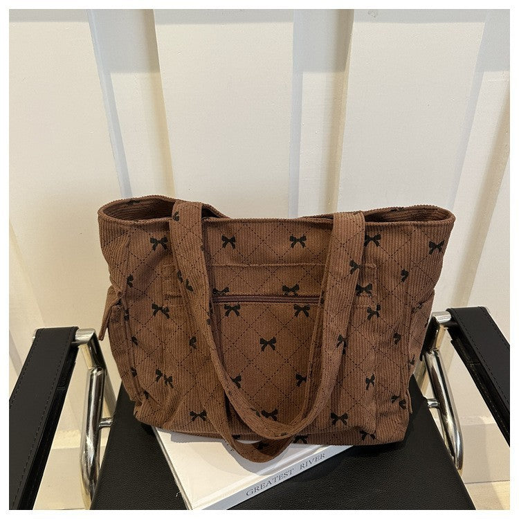 Coquette Corduroy Tote Bag Brown Bow Print Shoulder Purse Large Capacity Multi-P