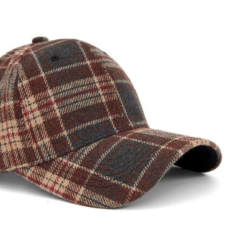Brown Plaid Baseball Cap Winter Wool Blend Hat Adjustable Men