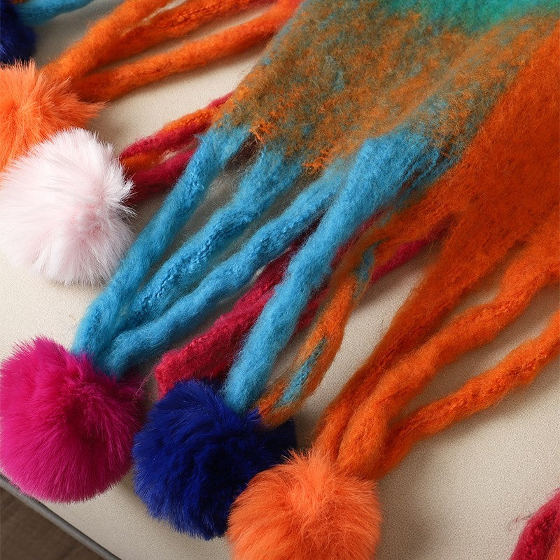 Vibrant Plaid Pom Pom Tassel Scarf Oversized Fuzzy Fluffy Shawl Wrap