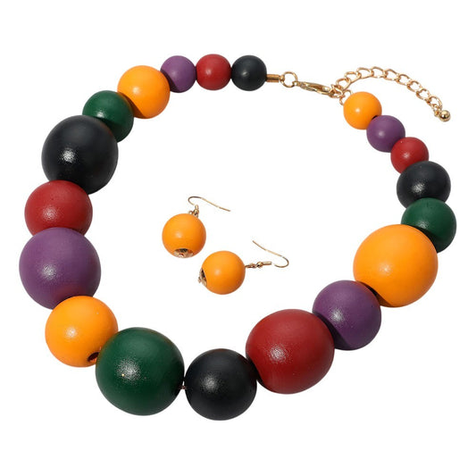 Wooden Beaded Statement Necklace Women Multi-Layered Boho Fashion Jewelry