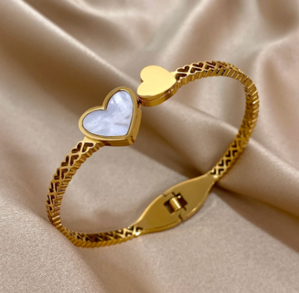 Stainless Steel Gold Double Heart Cuff Bangle Inlaid Shell Bracelet for Women