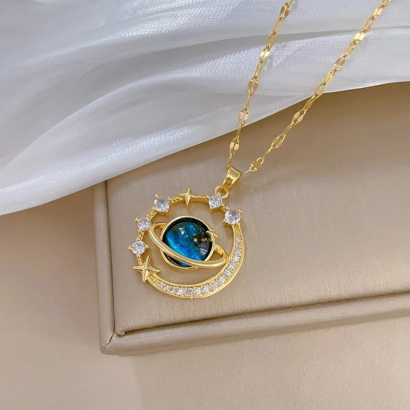 Cosmic Planet Moon Star Pendant Necklace Gold Plated Space Celestial Jewelry