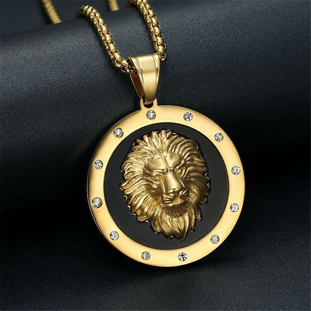 Gold Lion Head Medallion Pendant Necklace for Men Stainless Steel Chain 24.8in