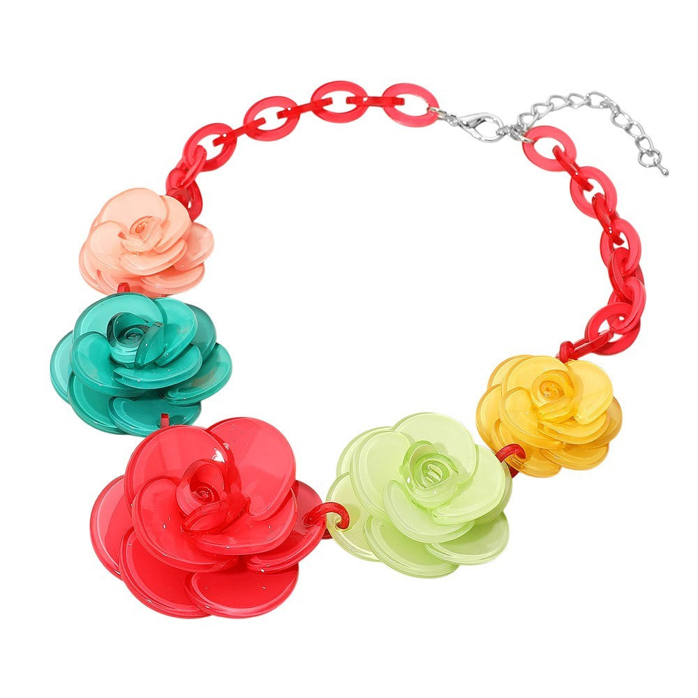 Bold Multicolor Resin Floral Statement Necklace with Chunky Rose Links for Women