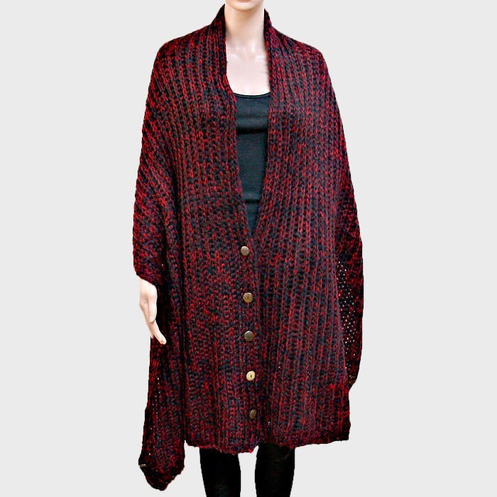 Chunky Button-up Cardigan Effect Knit Yarn Poncho Shawl Scarf for Women Red
