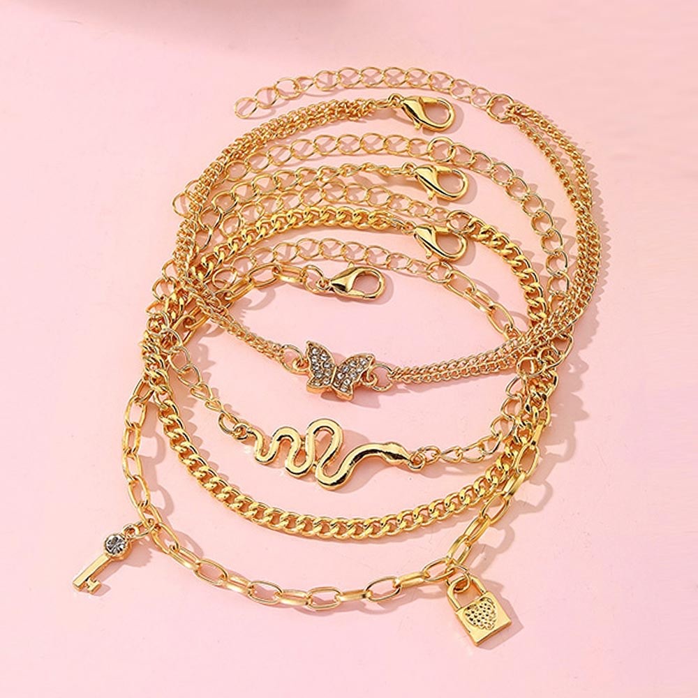 4pcs Boho Gold Tone Layered Anklet Set Butterfly Snake Key Lock Charms Jewelry