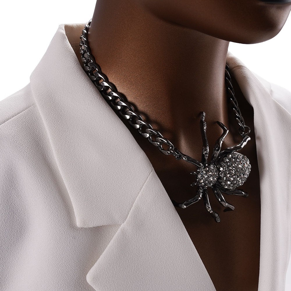 Large Spider Rhinestone Pendant Gunmetal Cable Chain Gothic Halloween Necklace