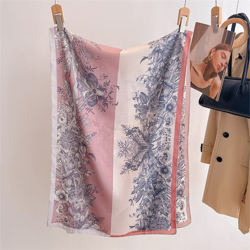 Floral Print Scarf Shawl Pink Blue Botanical Long Wrap Fashion Accessory