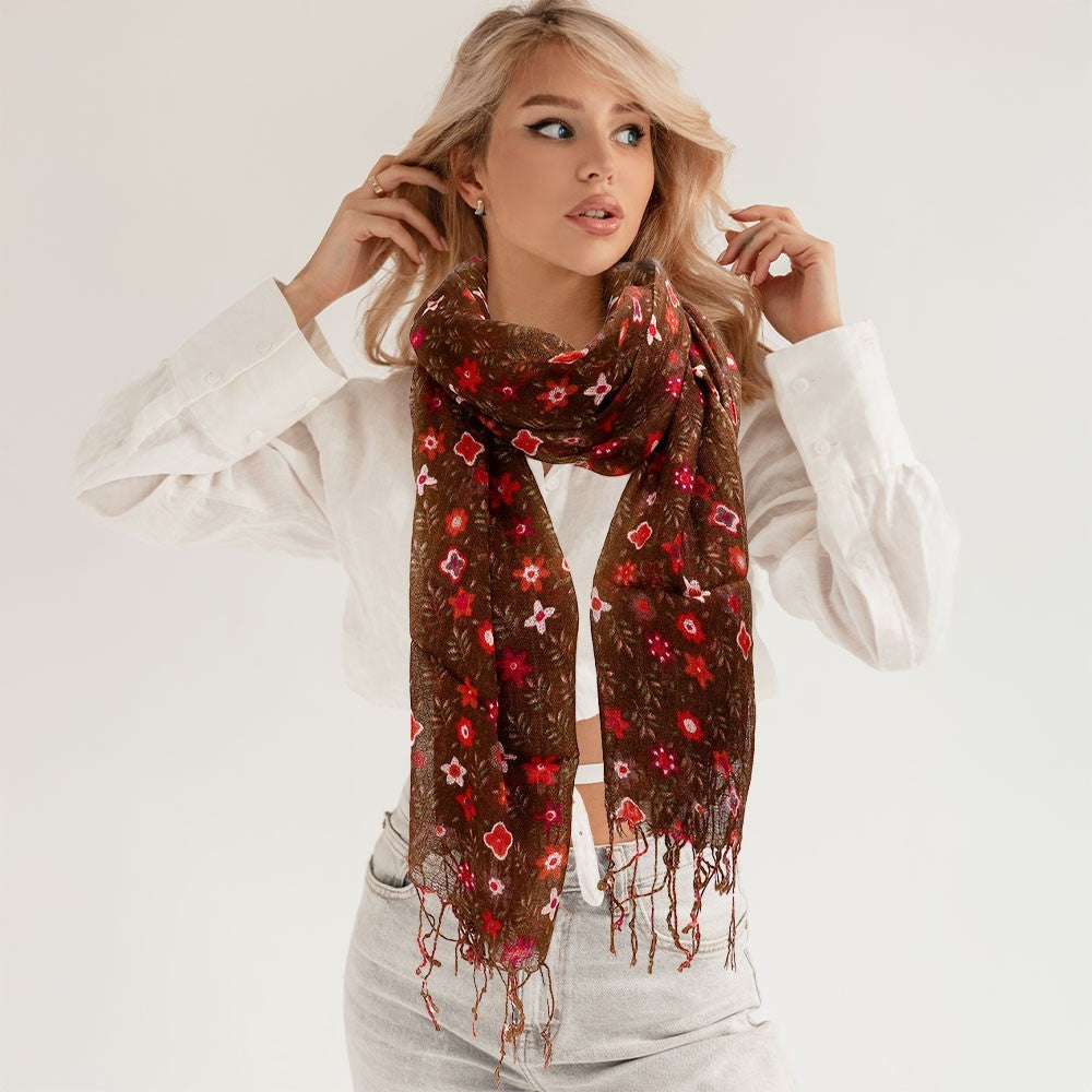 Floral Print Fringe Oblong Scarf for Women Lightweight Stylish Accessory Spring