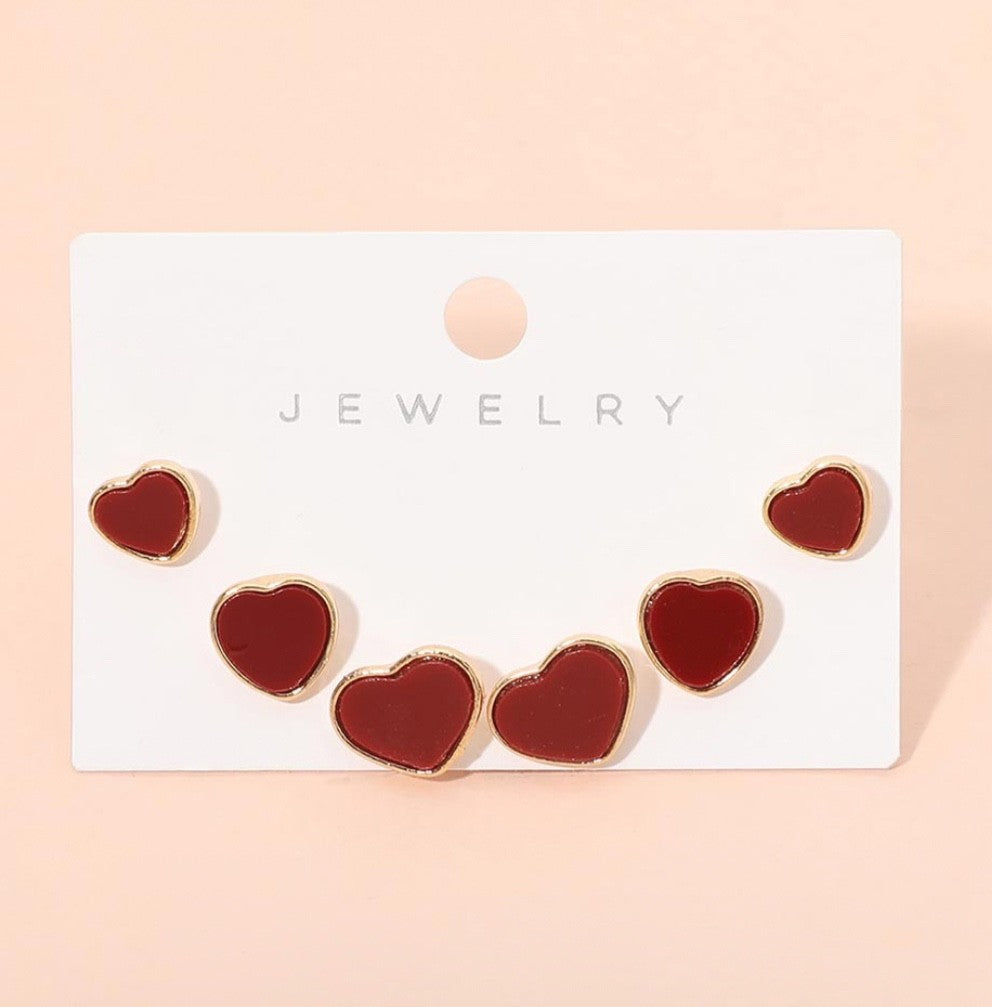 3pcs Red Enamel Heart Stud Earrings Gold Tone Minimalist Stacking Jewelry Set
