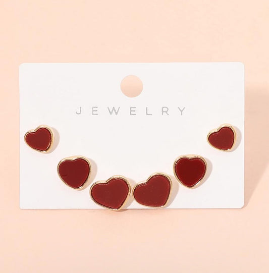 3pcs Red Enamel Heart Stud Earrings Gold Tone Minimalist Stacking Jewelry Set