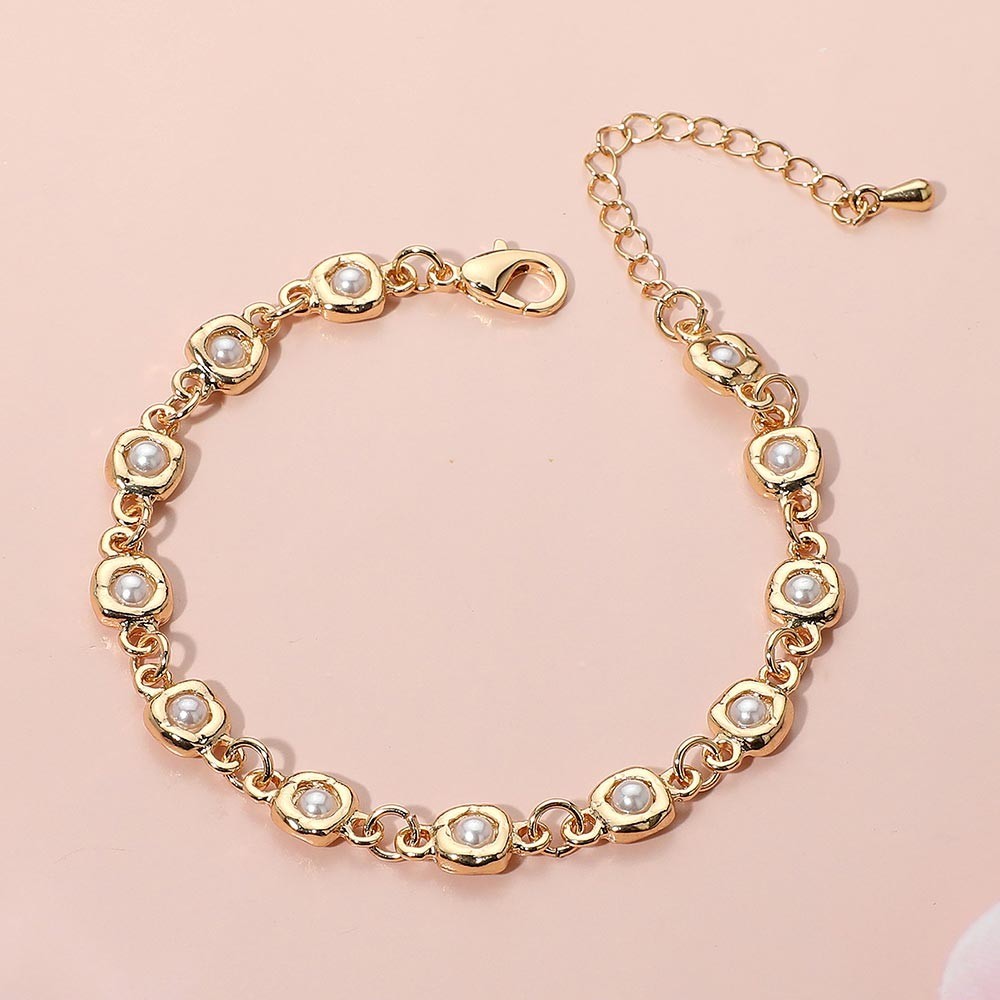 Dainty Pearl Bead Link Bracelet Elegant Gold Tone Chain Women’s Jewelry Gift