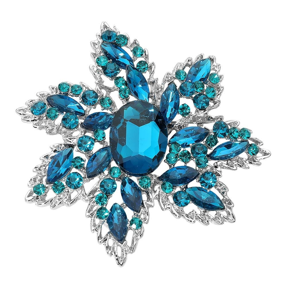 Radiant Teal & Sapphire Blue Crystal Starburst Statement Brooch
