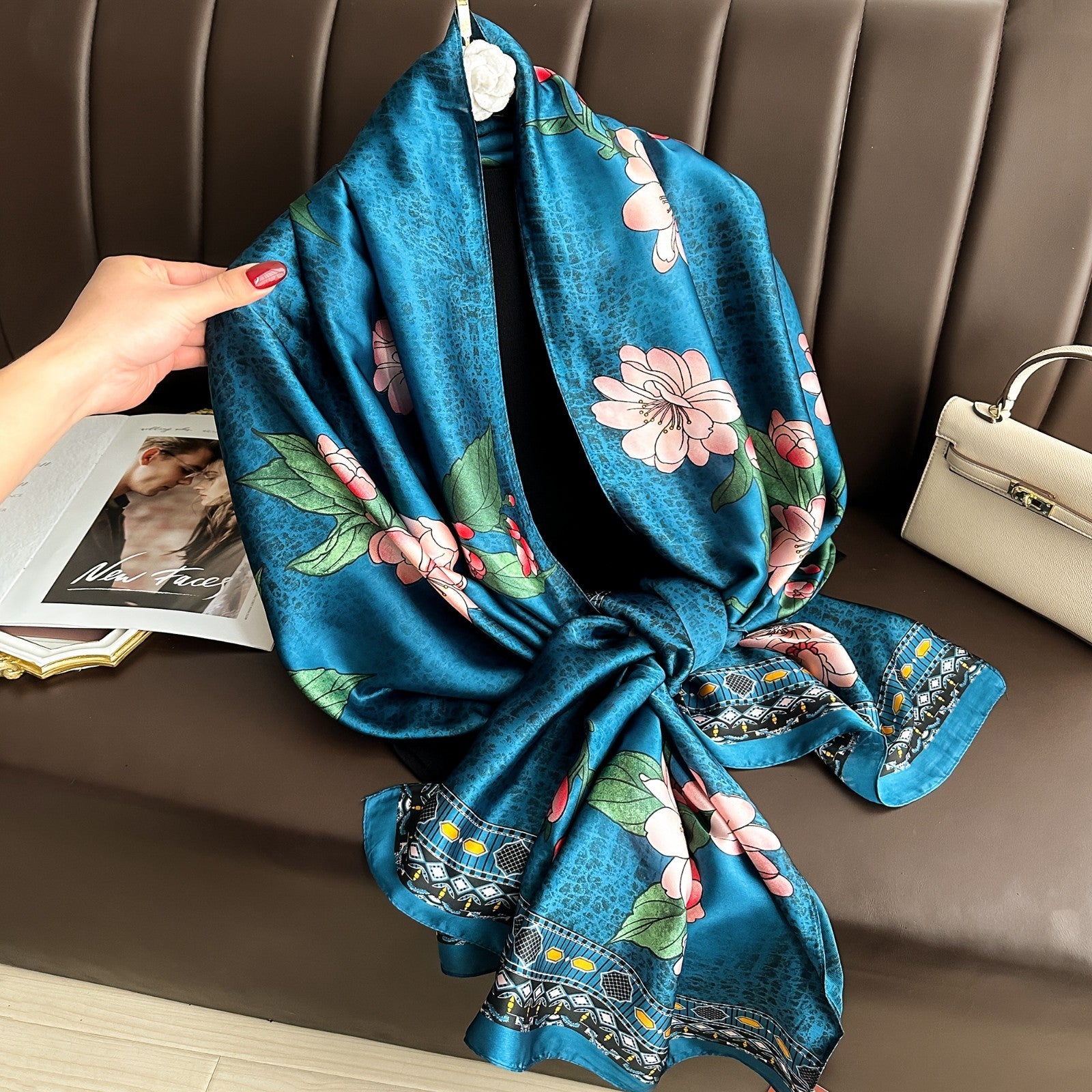Teal Blue Floral Silk Feel Scarf Women's Large Shawl Wrap 71" x 35"