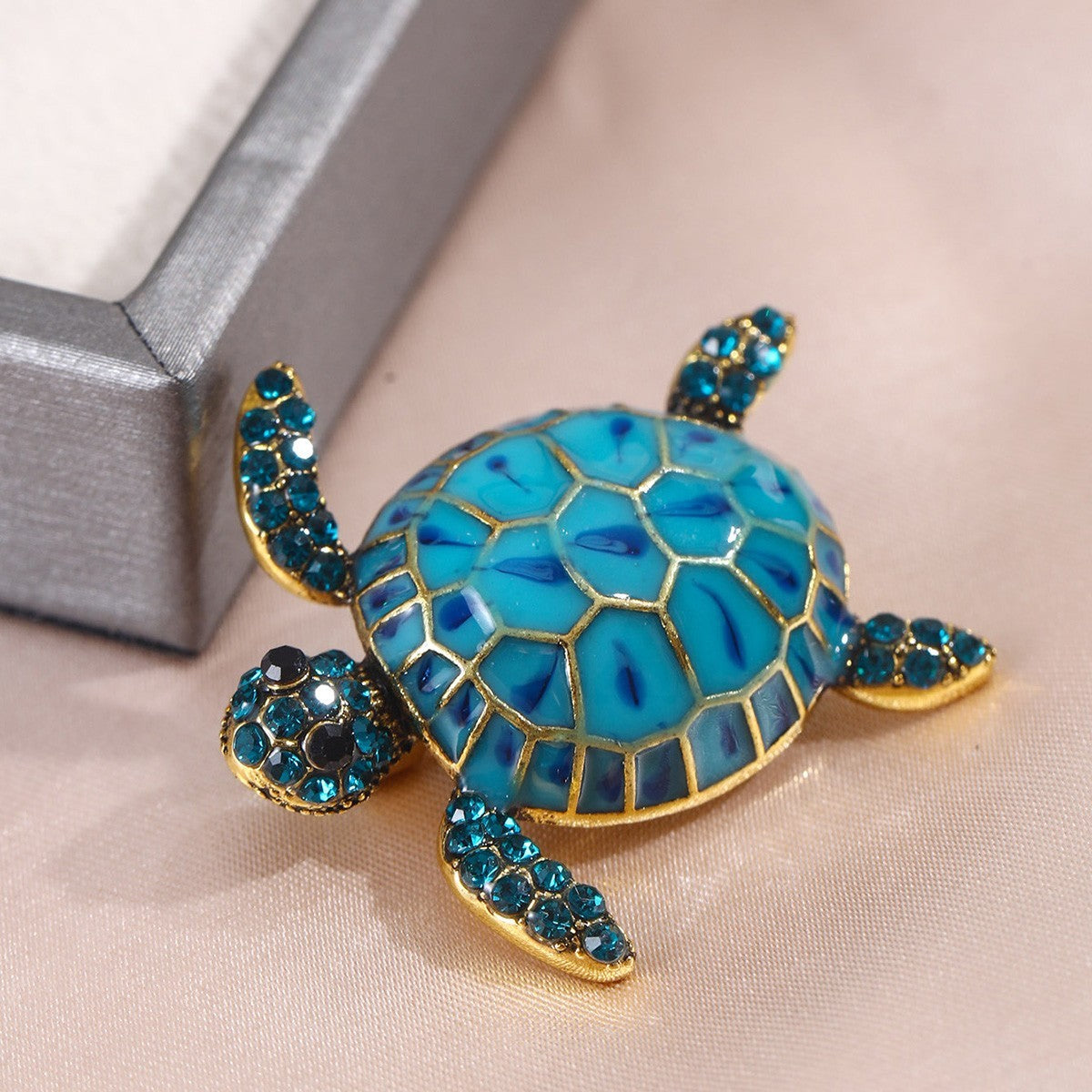 Blue Rhinestone Sea Turtle Brooch Pin Animal Jewelry