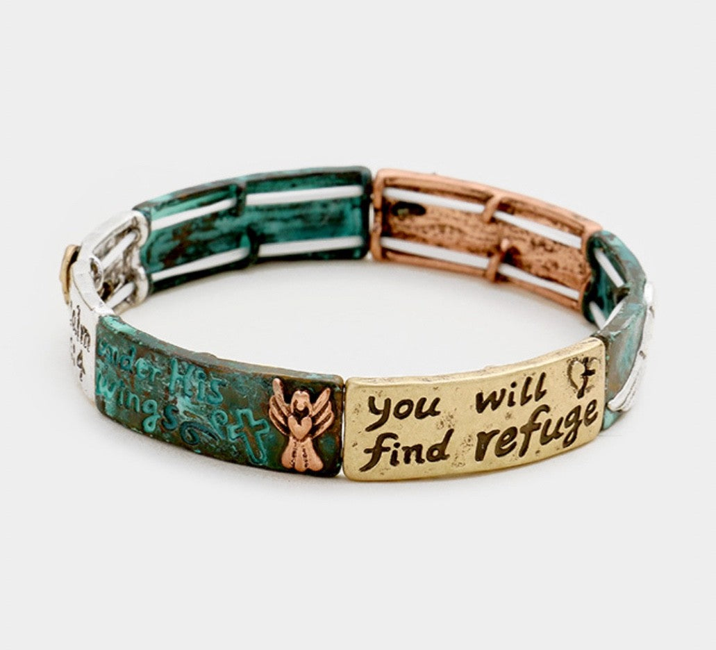 Psalm 91 Angel Wing Mixed Metal Stretch Bracelet Inspirational Christian Jewelry